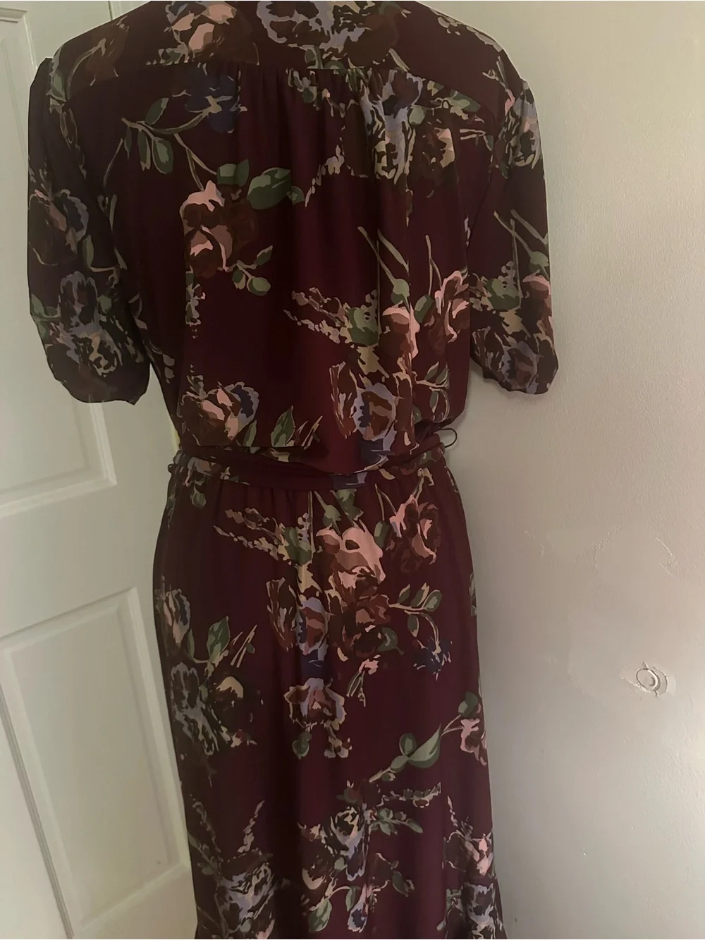Ralph Lauren Burgundy Floral Wrap Midi Dress with Tie